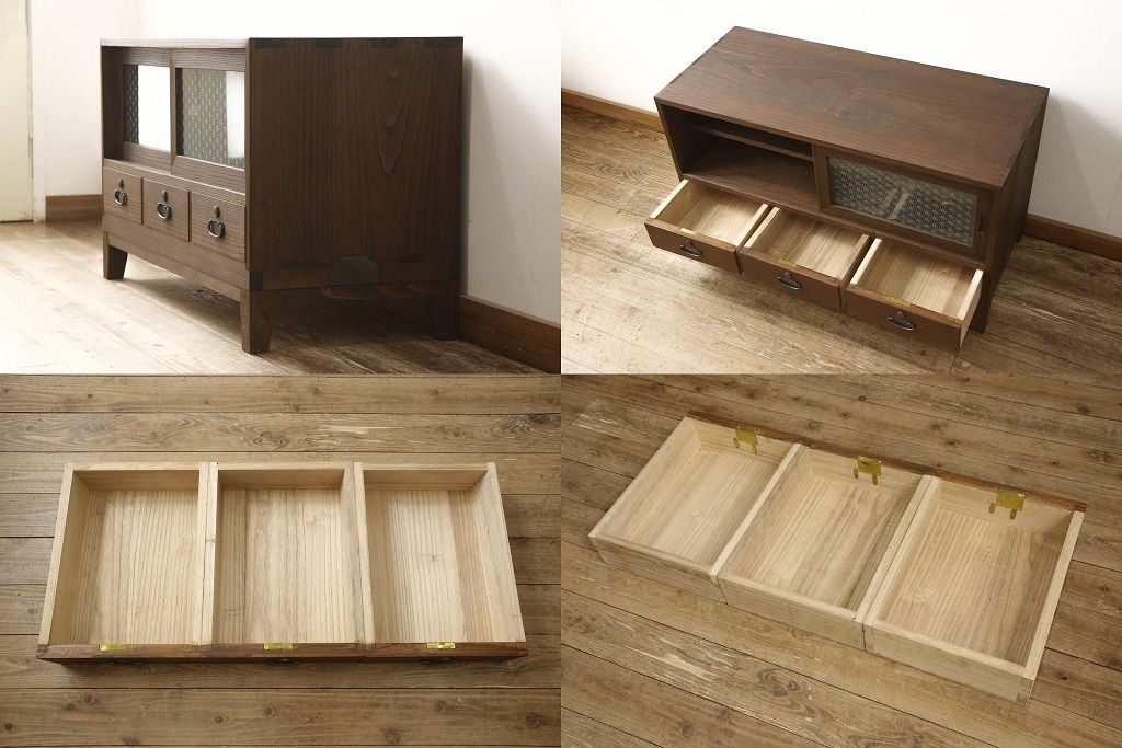 3段重ね桐箪笥をローボードと2段重ね箪笥にリメイク!上段は引き戸に麻の葉模様のガラスをはめ込み、引手を交換。脚を取り付けてオーク系で着色し、ローボードに。中段・下段は重ねても別々でも使える重ね箪笥に。中段の仕切りを棚板として使えるよう補強し、木地色仕上げに。