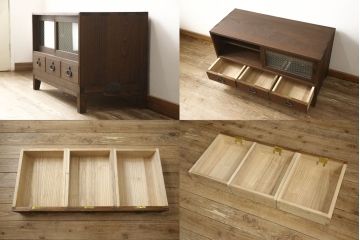 3段重ね桐箪笥をローボードと2段重ね箪笥にリメイク!上段は引き戸に麻の葉模様のガラスをはめ込み、引手を交換。脚を取り付けてオーク系で着色し、ローボードに。中段・下段は重ねても別々でも使える重ね箪笥に。中段の仕切りを棚板として使えるよう補強し、木地色仕上げに。