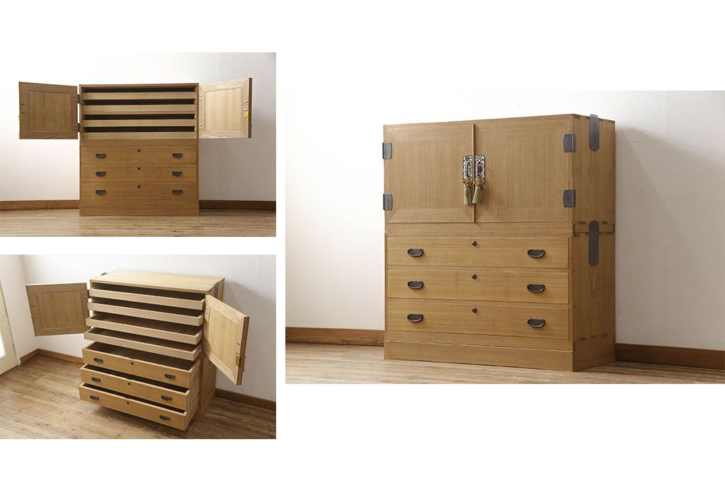 3段重ね桐箪笥をローボードと2段重ね箪笥にリメイク!上段は引き戸に麻の葉模様のガラスをはめ込み、引手を交換。脚を取り付けてオーク系で着色し、ローボードに。中段・下段は重ねても別々でも使える重ね箪笥に。中段の仕切りを棚板として使えるよう補強し、木地色仕上げに。