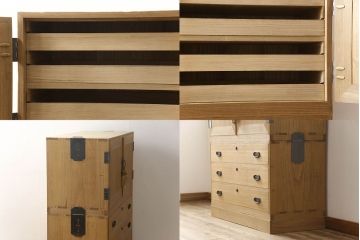 3段重ね桐箪笥をローボードと2段重ね箪笥にリメイク!上段は引き戸に麻の葉模様のガラスをはめ込み、引手を交換。脚を取り付けてオーク系で着色し、ローボードに。中段・下段は重ねても別々でも使える重ね箪笥に。中段の仕切りを棚板として使えるよう補強し、木地色仕上げに。