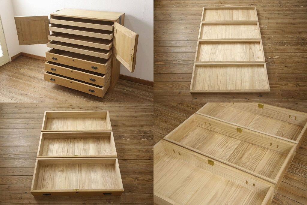 3段重ね桐箪笥をローボードと2段重ね箪笥にリメイク!上段は引き戸に麻の葉模様のガラスをはめ込み、引手を交換。脚を取り付けてオーク系で着色し、ローボードに。中段・下段は重ねても別々でも使える重ね箪笥に。中段の仕切りを棚板として使えるよう補強し、木地色仕上げに。