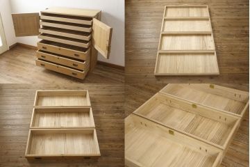 3段重ね桐箪笥をローボードと2段重ね箪笥にリメイク!上段は引き戸に麻の葉模様のガラスをはめ込み、引手を交換。脚を取り付けてオーク系で着色し、ローボードに。中段・下段は重ねても別々でも使える重ね箪笥に。中段の仕切りを棚板として使えるよう補強し、木地色仕上げに。