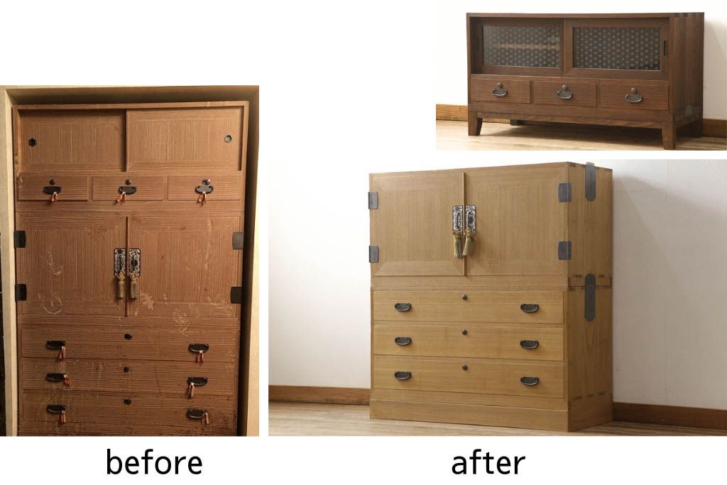 3段重ね桐箪笥をローボードと2段重ね箪笥にリメイク!上段は引き戸に麻の葉模様のガラスをはめ込み、引手を交換。脚を取り付けてオーク系で着色し、ローボードに。中段・下段は重ねても別々でも使える重ね箪笥に。中段の仕切りを棚板として使えるよう補強し、木地色仕上げに。