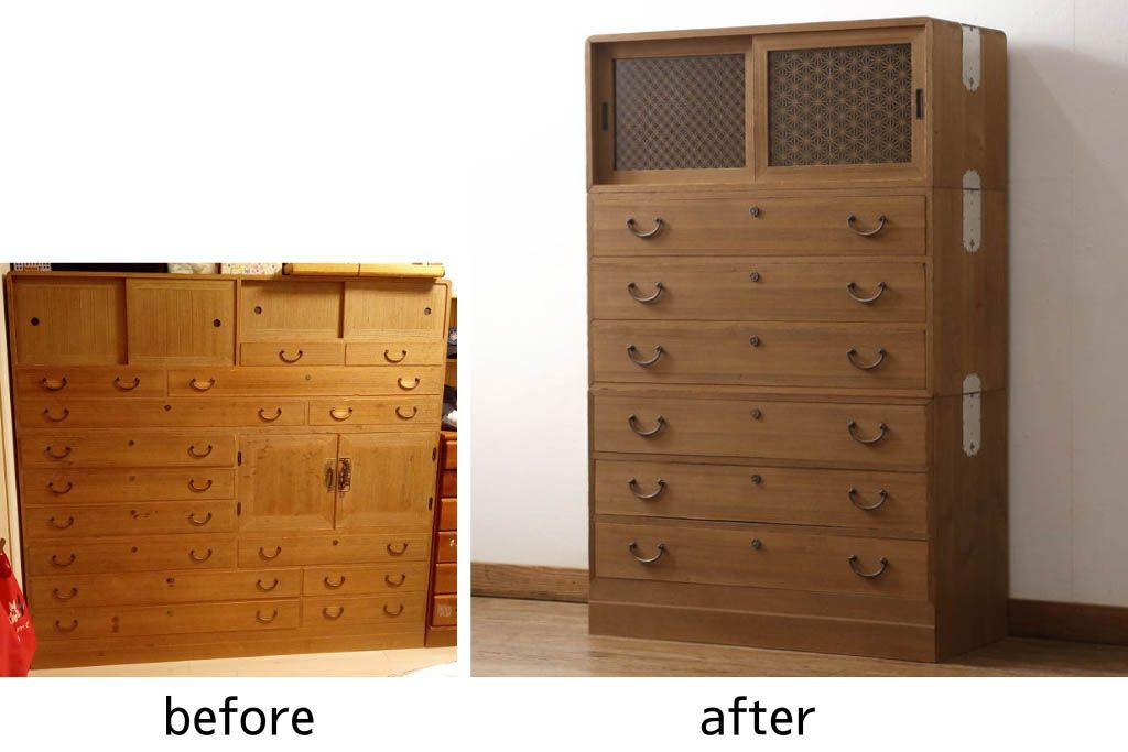 桐箪笥の幅を小さくリメイク!引き戸には左右で異なる模様のガラスをはめ込み引手を交換、内部の引き出しと仕切りは撤去。引き出しは幅に合わせてカットと調整。自然な色味に着色し、クリアワックス仕上げ。