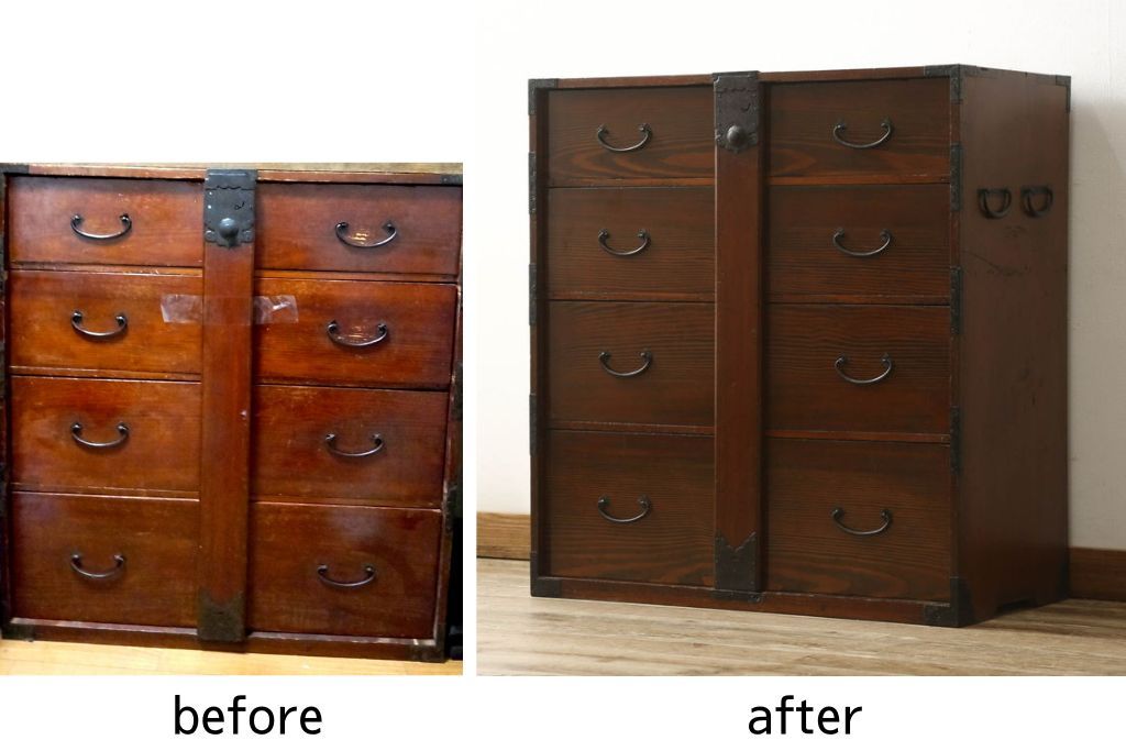 和箪笥を綺麗に再生!閂(かんぬき)は直さずそのままに、色味は本体に合わせて仕上げ。