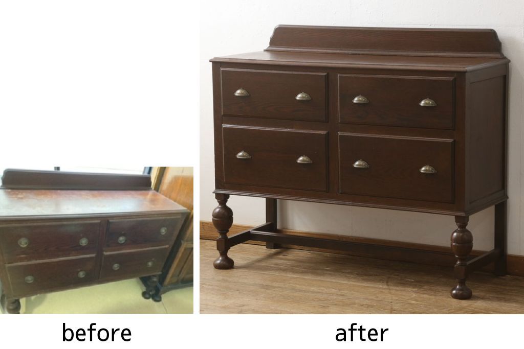 アンティークチェストを綺麗に再生!高品質リペアを施し、天板を塗装。引き出しの取っ手を交換し、現状の色味に仕上げ。