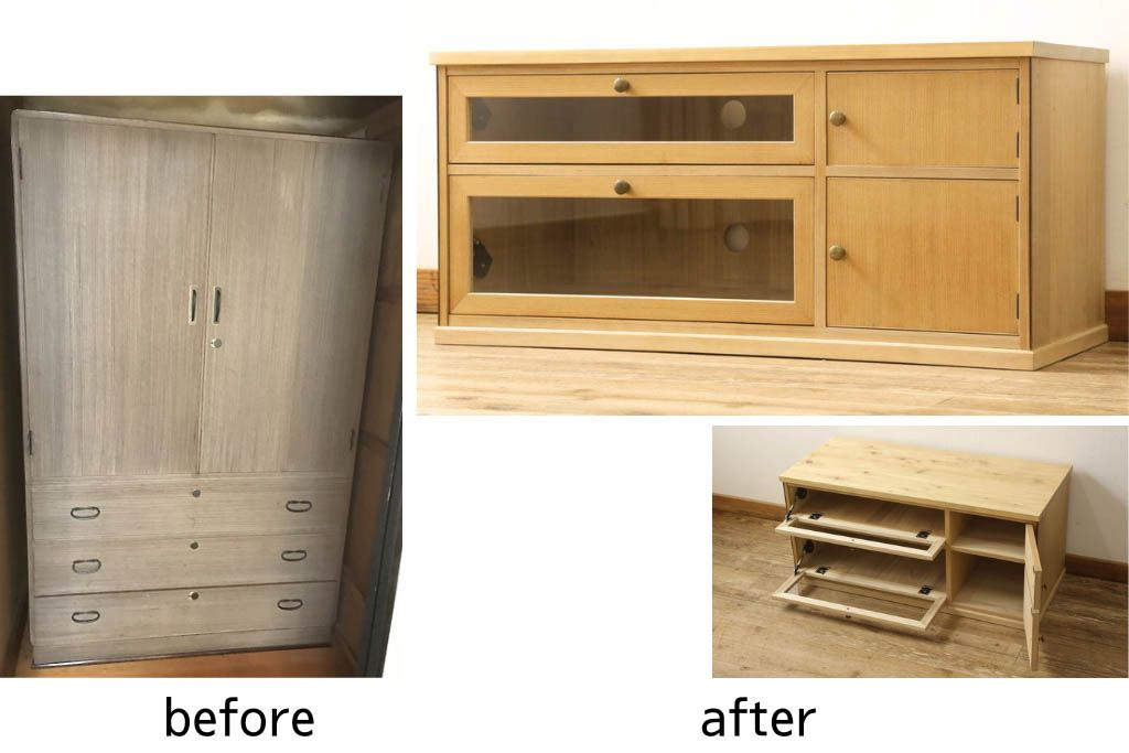 桐箪笥をリサイズしてテレビボードにリメイク!引き出しを2分割し、左側はガラス入りのフラップダウン扉に変更。右側は木製扉に加工し、取っ手を取り付け。天板と台輪を取り付け、クリアワックス仕上げ。
