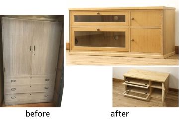桐箪笥をリサイズしてテレビボードにリメイク!引き出しを2分割し、左側はガラス入りのフラップダウン扉に変更。右側は木製扉に加工し、取っ手を取り付け。天板と台輪を取り付け、クリアワックス仕上げ。