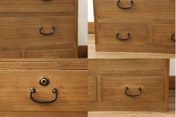 3段重ね桐箪笥を2つのローボードと小引き出し2つにリメイク!上段の引き戸はなくし、2杯の引き出しに変更。中段は中央で分割し小引き出し2点に。下段は高品質リペアで綺麗に。それぞれクリアワックス仕上げ。