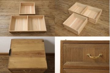 3段重ね桐箪笥を2つのローボードと小引き出し2つにリメイク!上段の引き戸はなくし、2杯の引き出しに変更。中段は中央で分割し小引き出し2点に。下段は高品質リペアで綺麗に。それぞれクリアワックス仕上げ。