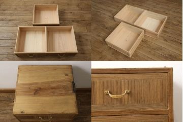 3段重ね桐箪笥を2つのローボードと小引き出し2つにリメイク!上段の引き戸はなくし、2杯の引き出しに変更。中段は中央で分割し小引き出し2点に。下段は高品質リペアで綺麗に。それぞれクリアワックス仕上げ。
