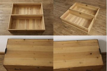 3段重ね桐箪笥を2つのローボードと小引き出し2つにリメイク!上段の引き戸はなくし、2杯の引き出しに変更。中段は中央で分割し小引き出し2点に。下段は高品質リペアで綺麗に。それぞれクリアワックス仕上げ。
