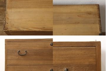 3段重ね桐箪笥を2つのローボードと小引き出し2つにリメイク!上段の引き戸はなくし、2杯の引き出しに変更。中段は中央で分割し小引き出し2点に。下段は高品質リペアで綺麗に。それぞれクリアワックス仕上げ。