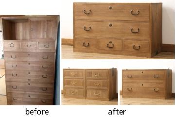 3段重ね桐箪笥を2つのローボードと小引き出し2つにリメイク!上段の引き戸はなくし、2杯の引き出しに変更。中段は中央で分割し小引き出し2点に。下段は高品質リペアで綺麗に。それぞれクリアワックス仕上げ。