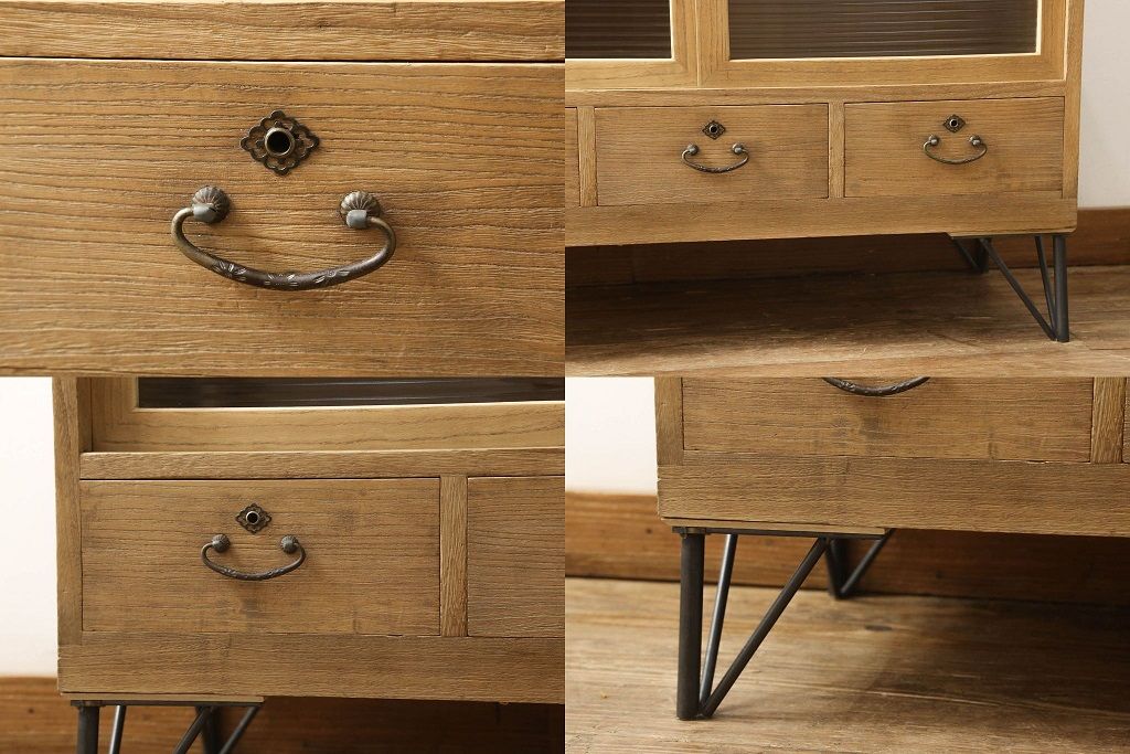 3段重ね桐箪笥を3つのローボードにリメイク!上段は引き戸にモールガラスをはめ込み、鉄脚の取り付け。中段は衣装盆を中央セパレート仕様にし、台輪と天板取り付け。下段は天板取り付け。全て明るめの色味仕上げ。