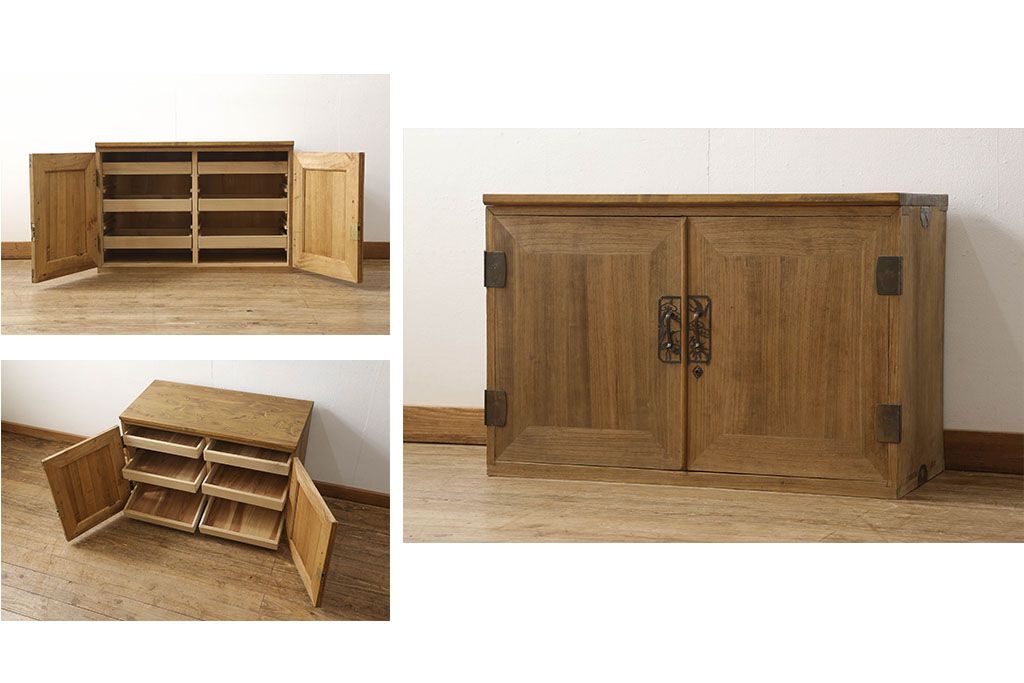 3段重ね桐箪笥を3つのローボードにリメイク!上段は引き戸にモールガラスをはめ込み、鉄脚の取り付け。中段は衣装盆を中央セパレート仕様にし、台輪と天板取り付け。下段は天板取り付け。全て明るめの色味仕上げ。