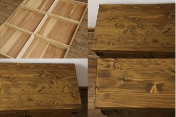 3段重ね桐箪笥を3つのローボードにリメイク!上段は引き戸にモールガラスをはめ込み、鉄脚の取り付け。中段は衣装盆を中央セパレート仕様にし、台輪と天板取り付け。下段は天板取り付け。全て明るめの色味仕上げ。