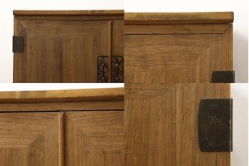 3段重ね桐箪笥を3つのローボードにリメイク!上段は引き戸にモールガラスをはめ込み、鉄脚の取り付け。中段は衣装盆を中央セパレート仕様にし、台輪と天板取り付け。下段は天板取り付け。全て明るめの色味仕上げ。