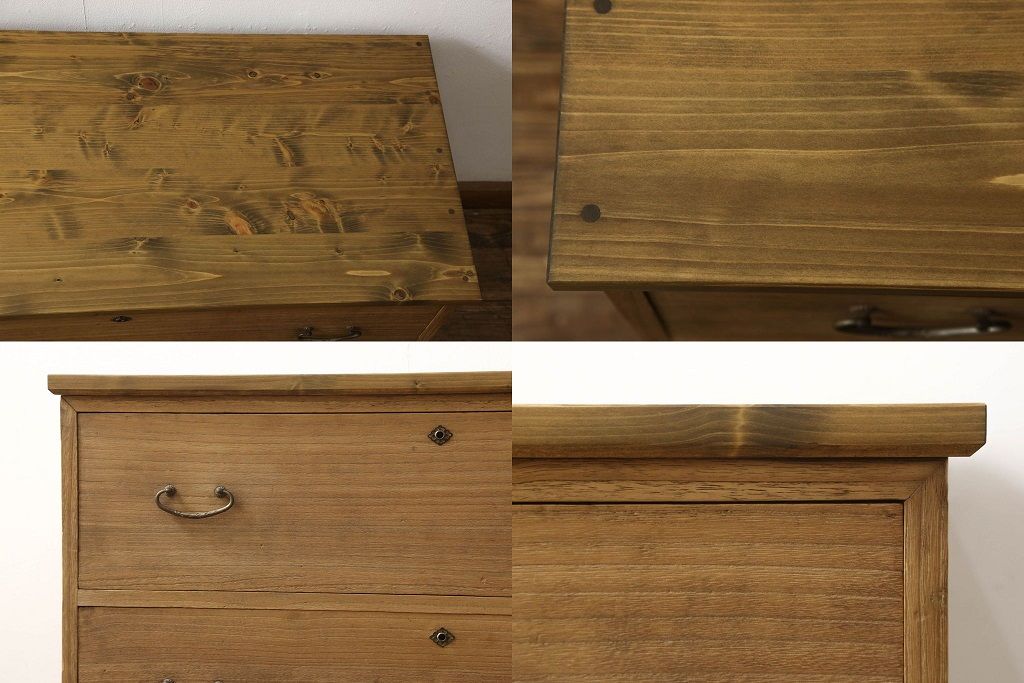 3段重ね桐箪笥を3つのローボードにリメイク!上段は引き戸にモールガラスをはめ込み、鉄脚の取り付け。中段は衣装盆を中央セパレート仕様にし、台輪と天板取り付け。下段は天板取り付け。全て明るめの色味仕上げ。