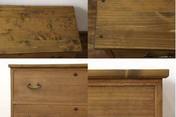 3段重ね桐箪笥を3つのローボードにリメイク!上段は引き戸にモールガラスをはめ込み、鉄脚の取り付け。中段は衣装盆を中央セパレート仕様にし、台輪と天板取り付け。下段は天板取り付け。全て明るめの色味仕上げ。