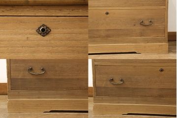 3段重ね桐箪笥を3つのローボードにリメイク!上段は引き戸にモールガラスをはめ込み、鉄脚の取り付け。中段は衣装盆を中央セパレート仕様にし、台輪と天板取り付け。下段は天板取り付け。全て明るめの色味仕上げ。