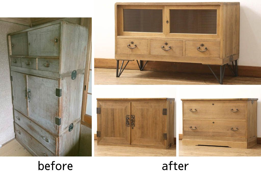 3段重ね桐箪笥を3つのローボードにリメイク!上段は引き戸にモールガラスをはめ込み、鉄脚の取り付け。中段は衣装盆を中央セパレート仕様にし、台輪と天板取り付け。下段は天板取り付け。全て明るめの色味仕上げ。