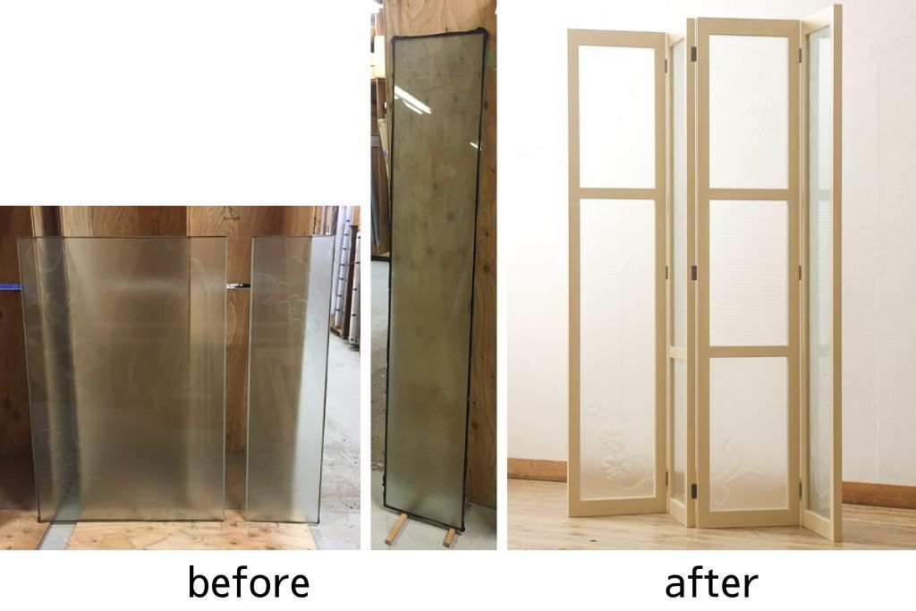 ガラスを4連パーテーションにリメイク!持ち込みのガラス以外に、すりガラス、気泡ガラス、モールガラスを使用。木枠は白ベースにペイント仕上げ。