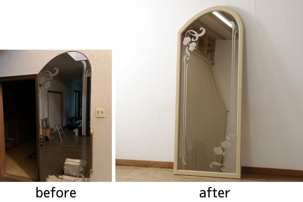 姿見を壁掛け仕様にリメイク!木枠は白ベースの色味にペイント。面取りは、内側を内丸面(大)、外側をシンプルな丸面取りにて。