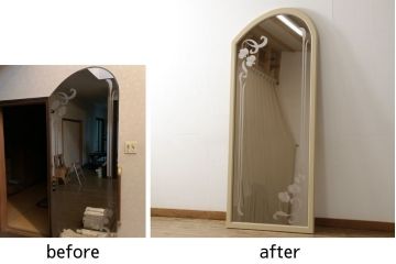 姿見を壁掛け仕様にリメイク!木枠は白ベースの色味にペイント。面取りは、内側を内丸面(大)、外側をシンプルな丸面取りにて。