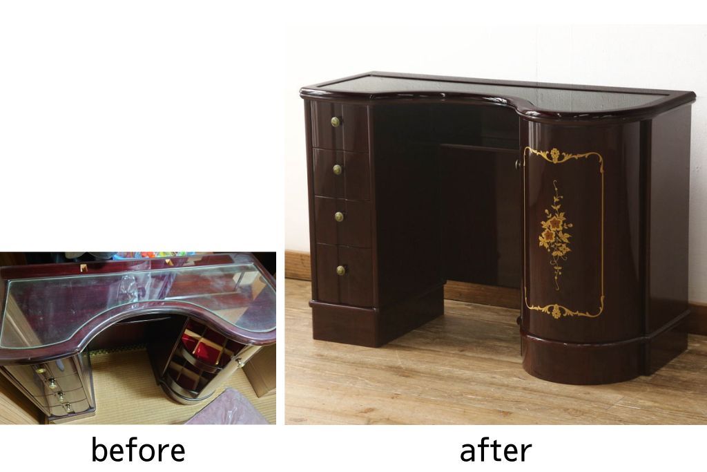 ドレッサーを綺麗に再生!高品質リペアを施し、天板の穴埋め修理。現状をベースに着色仕上げ。