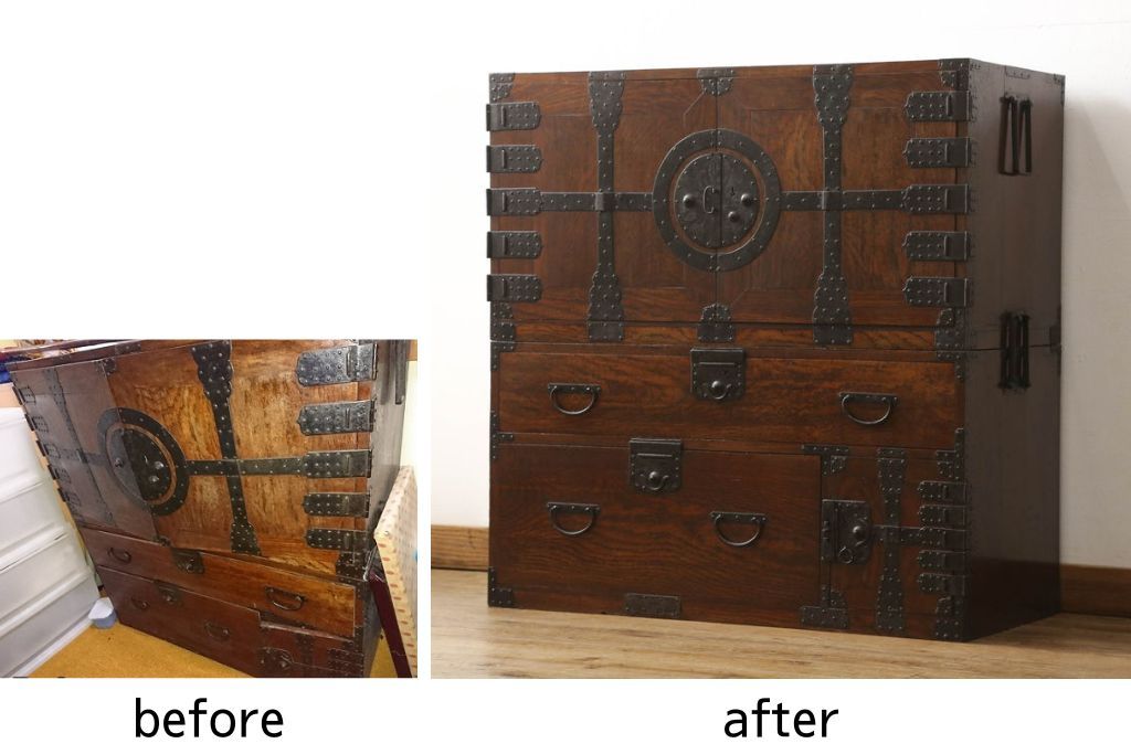重ね箪笥を綺麗に再生!高品質リペアを施し、雰囲気を損なわないように修理。現状の雰囲気を残した仕上げに。