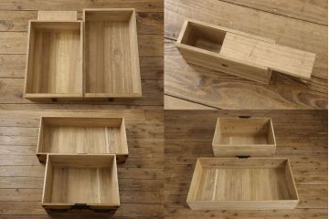 2段重ね桐箪笥をローチェストとローボードにリメイク!上段は高品質リペア。下段はヒノキ材の天板、木製脚を取り付け。どちらも木地色仕上げに。