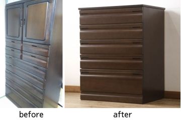 洋服箪笥を小さくリメイク!高さは下から5段までの位置でカットし、幅も小さく。ヒノキ材の天板を取り付け。