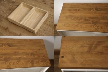 3段重ね桐箪笥を2つのサイドボードとチェストにリメイク!上段、中段はそれぞれ脚を取り付け。中段は衣装盆の欠けを修理。いずれも戸と引き出しの鍵とキャスターを取り付け、天板を設置。天板はブラウン系ステイン塗料、本体はアンティークホワイトでペイント仕上げ。