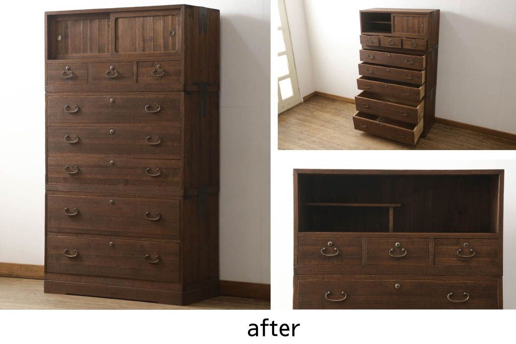 桐箪笥を綺麗に再生!高品質リペアを施し、紛失した取っ手は新たに取り付け。オーク系で着色仕上げ。