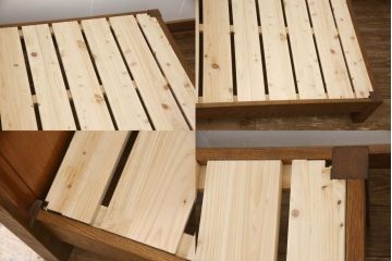 婚礼箪笥をベッドフレームとデスク、ベンチチェストにリメイク!扉をヘッドボードに加工し、フレームは新材で作成。天板・側面・扉の飾り部分はデスクに。下部引き出しを2杯に切り分け、前板のモールディングを再現しベンチチェストに。