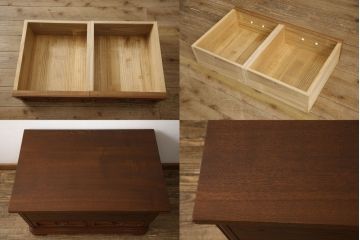 婚礼箪笥をベッドフレームとデスク、ベンチチェストにリメイク!扉をヘッドボードに加工し、フレームは新材で作成。天板・側面・扉の飾り部分はデスクに。下部引き出しを2杯に切り分け、前板のモールディングを再現しベンチチェストに。