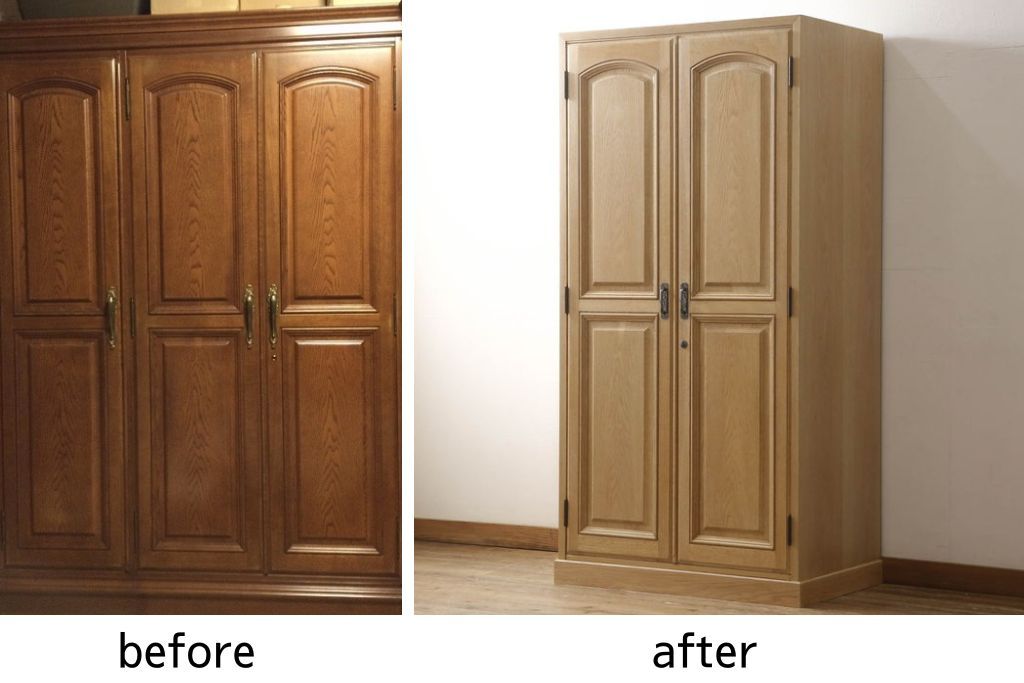 ワードローブを小さくリメイク!幅を小さくリサイズし、天板・台輪はカットしてシンプルなものに変更。ハンドルを交換し鍵穴隠しカバーを取り付け。全体の塗装を剥離してクリアワックス仕上げ。
