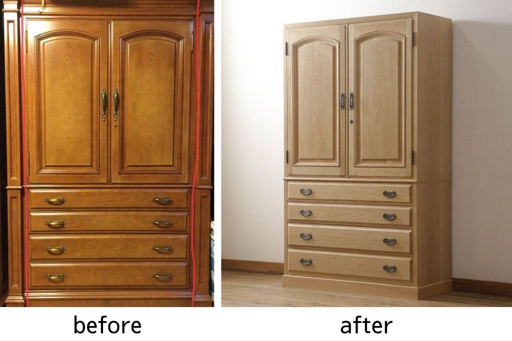 洋服箪笥を小さくリメイク!天板と台輪をカットし、シンプルなものに付け替え。幅も小さくリサイズ。取っ手と鍵穴隠しカバーを交換。塗装を剥離してクリアワックス仕上げ。