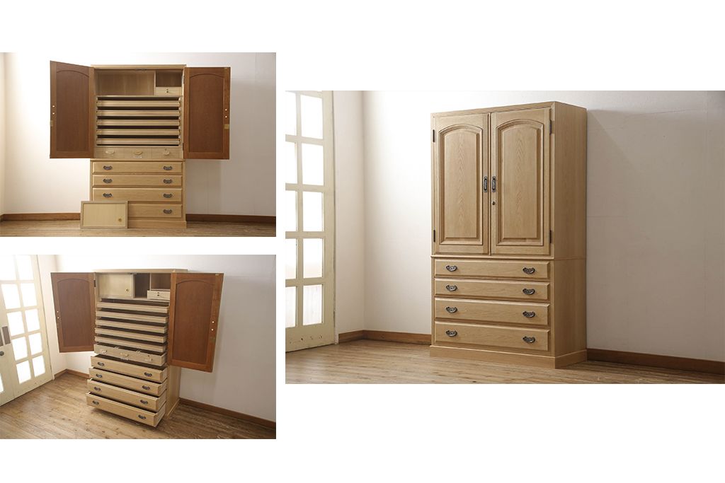 洋服箪笥を小さくリメイク!天板と台輪をカットし、シンプルなものに付け替え。幅も小さくリサイズ。取っ手と鍵穴隠しカバーを交換。塗装を剥離してクリアワックス仕上げ。