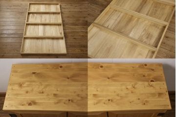 3段重ね桐箪笥をローボード2台とローチェストにリメイク!上段・中段はローボードに加工し、脚の取り付け。それぞれにヒノキ無垢材の天板を追加。自然な木地色仕上げに。