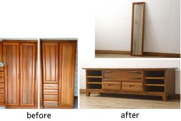 ワードローブをテレビボードとウォールミラーにリメイク!テレビボードのダウン扉に既存の扉とガラスを利用。引き出し2杯を取り付け、両側収納には可動棚を設置。天板と脚を取り付けてテレビボードに。もう一つの扉は内部のミラーをそのまま取り付けてウォールミラーに。
