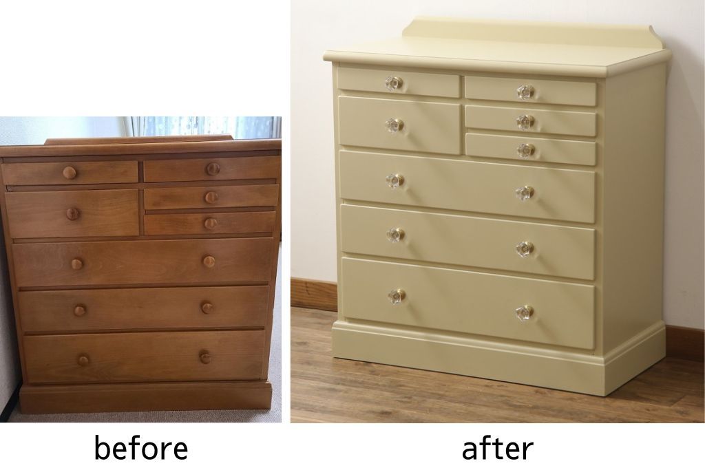 チェストをペイントリメイク!高品質リペアを施し、取っ手を全て交換。モカベージュにペイント仕上げ。