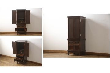 お仏壇をコンパクトにリメイク!上段は4枚組だった建具を2枚組に加工。上部にあった家紋も移設。下段は引き戸→観音開き仕様に変更。脚を取り付け。背板も新たに取り付け、元の色を活かし全体を着色して仕上げ。