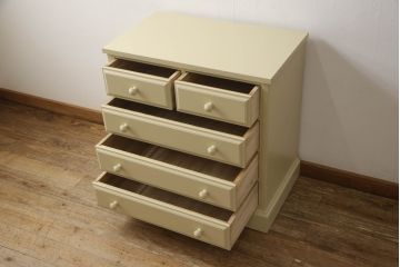 2段重ね箪笥を2つのチェストにリメイク!上段開き戸内は、左側は引き出し、右側は棚仕様に加工。下段は天板を取り付け、幅を小さくリサイズ。1段目の引き出しを横並び2杯に加工。いずれもモカベージュにペイント仕上げ。