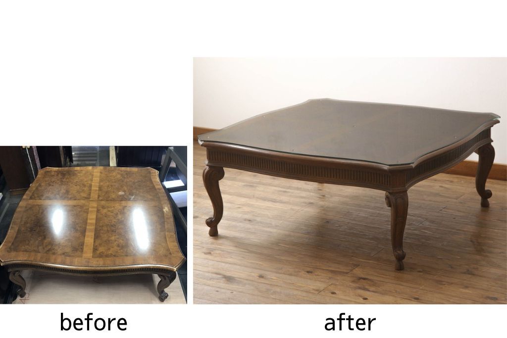 テーブルを綺麗に再生!高品質リペアを施し、天板のみ剥離し再塗装。他のキズ部分は色を入れて馴染ませて仕上げ。新たにガラス天板を追加。