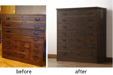 桐箪笥を着リメイク!高品質リペアを施し、ヒノキ無垢材の天板取り付け。オーク系の着色とワックス仕上げ。
