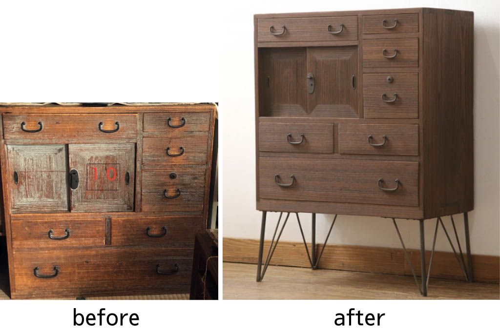 桐箪笥に鉄脚を付け収納棚にリメイク!高品質リペアを施し、クリーニング、着色仕上げ。前面のみ浮造り加工。