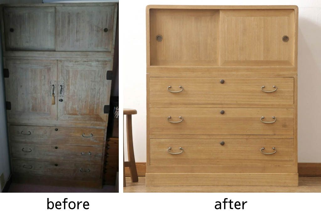 3段重ね桐箪笥を2段重ねにリメイク!高品質リペアを施し、木地色仕上げでナチュラルに。