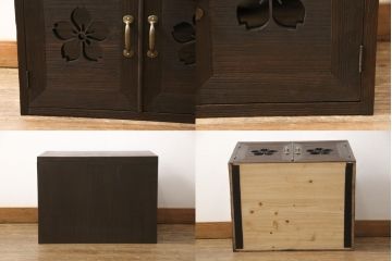 3段重ね桐箪笥を3つの収納にリメイク!上段はリサイズし、扉に桜の透かし彫りを入れた戸棚に。中段と下段は天板と脚を取り付けローボードに。3台ともチェス系で着色して仕上げ。